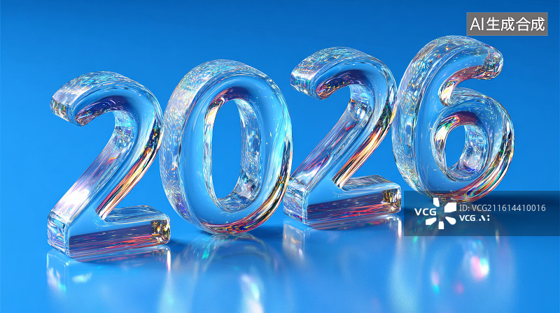 【AI数字艺术】蓝色背景下晶莹剔透的2026玻璃冰块数字艺术图片素材