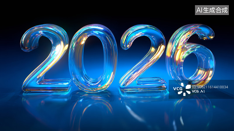 【AI数字艺术】蓝色背景下晶莹剔透的2026玻璃冰块数字艺术图片素材
