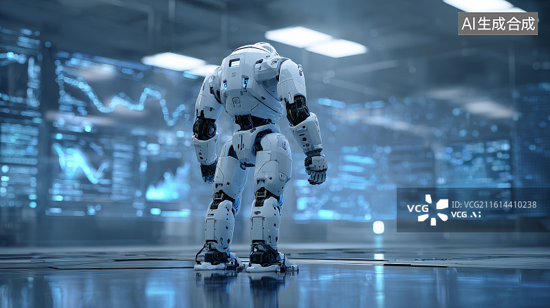 【AI数字艺术】站立在未来科技实验室中的白色仿生机器人背影图片素材