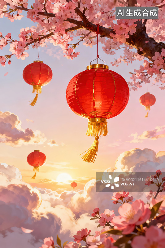 【AI数字艺术】樱花树下红灯笼图片素材