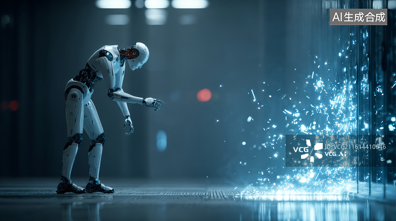 【AI数字艺术】正在消散为蓝色数据粒子的白色仿生机器人侧面图片素材