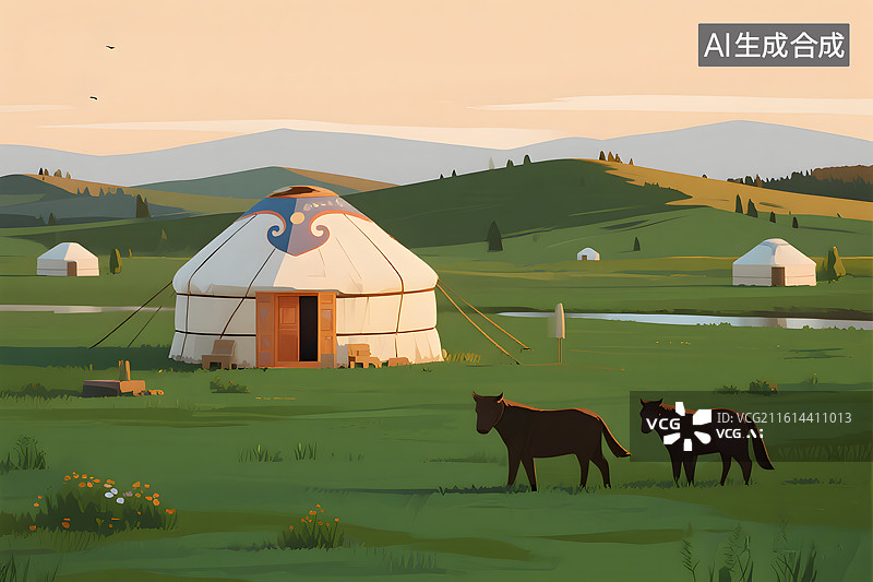【AI数字艺术】草原上的蒙古包插画图片素材