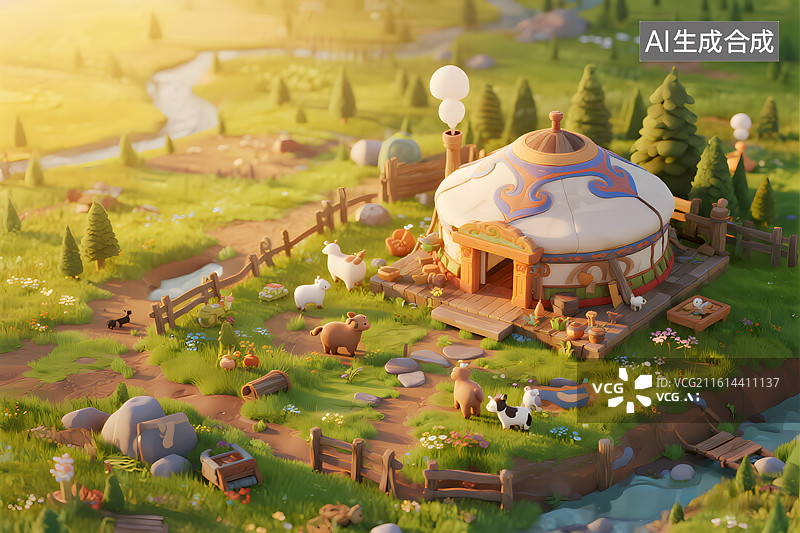 【AI数字艺术】草原上的蒙古包插画图片素材