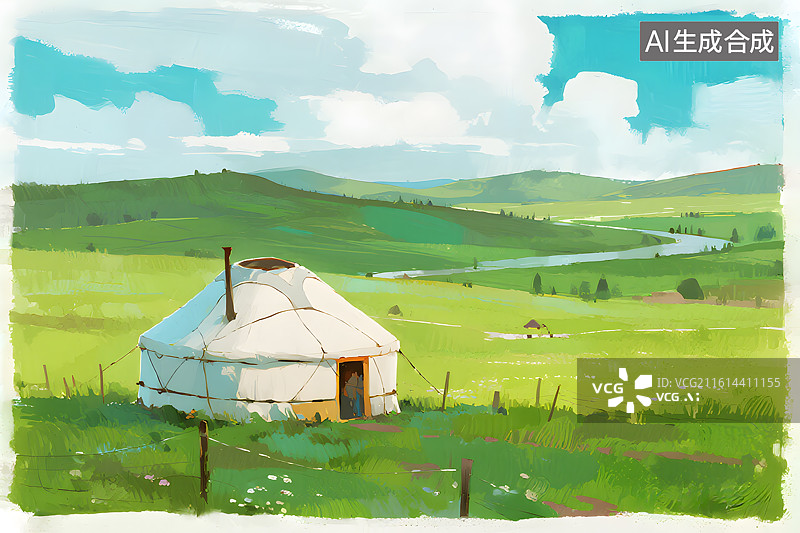【AI数字艺术】草原上的蒙古包插画图片素材