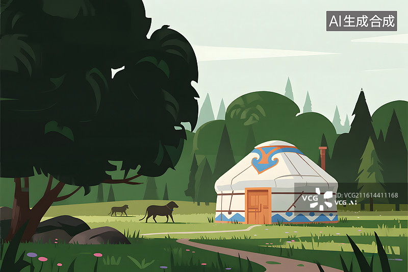 【AI数字艺术】草原上的蒙古包插画图片素材
