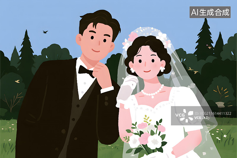 【AI数字艺术】新婚夫妻卡通形象图片素材
