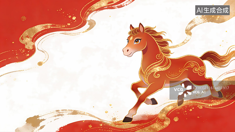 【AI数字艺术】红色背景金色马国风插画壁纸图片素材