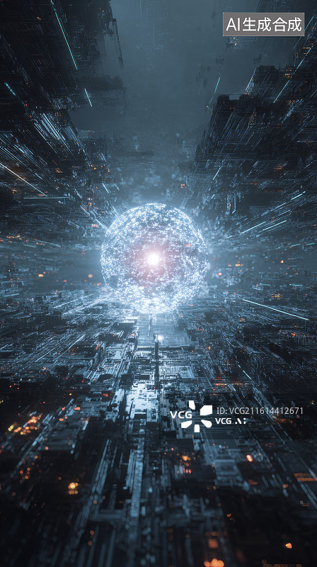 【AI数字艺术】仰望充满未来科技感的垂直深井与能量核心图片素材