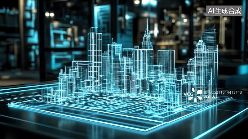 【AI数字艺术】AR设备展示城市高楼建筑全息图科技风插画图片素材