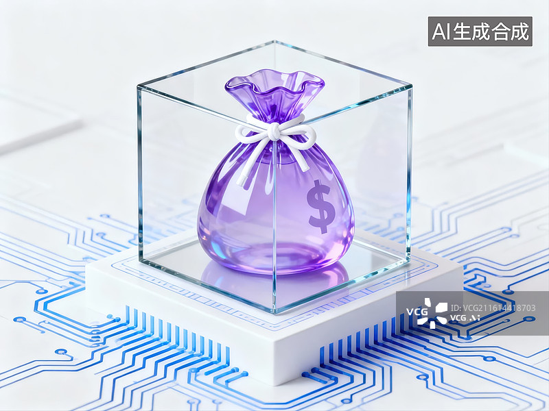【AI数字艺术】透明立方体中的紫色钱袋图片素材