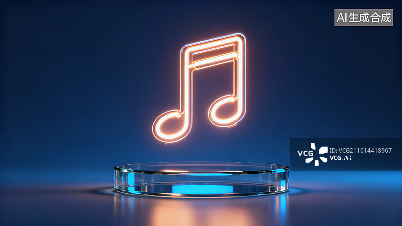 【AI数字艺术】发光音符悬浮于透明平台图片素材