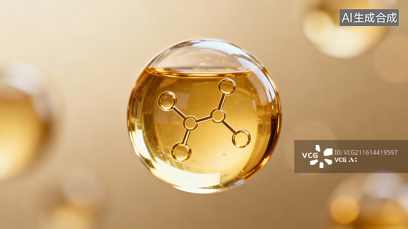 【AI数字艺术】金色液体中的分子结构图片素材