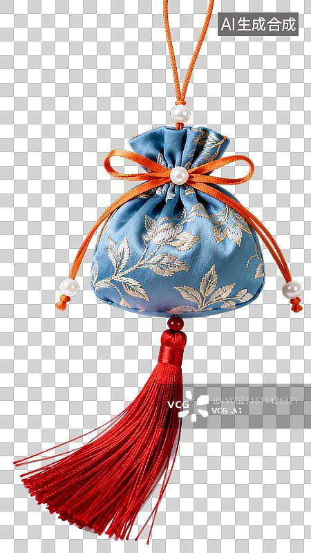 【AI数字艺术】蓝色绣花香囊配红色流苏图片素材