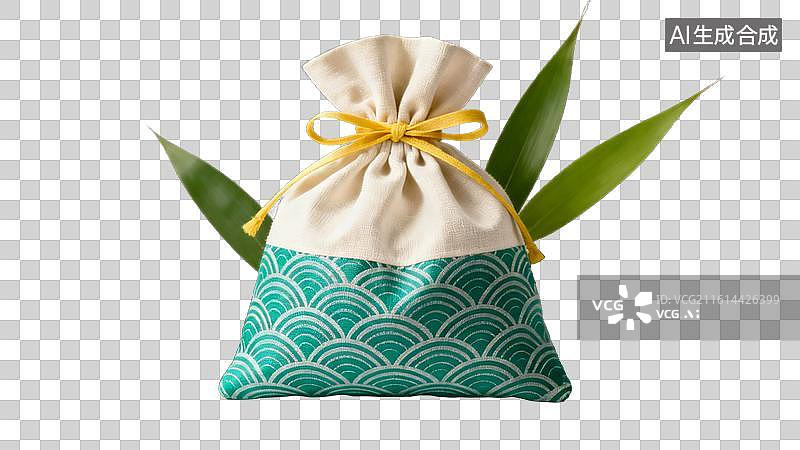 【AI数字艺术】蓝绿色波浪纹布袋配竹叶图片素材