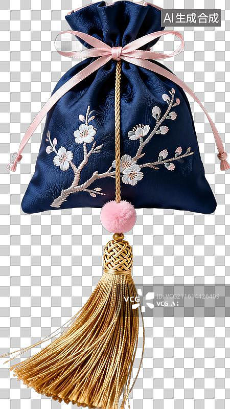 【AI数字艺术】深蓝绣花香囊配金色流苏图片素材
