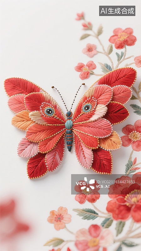 【AI数字艺术】由大小不一的红色鲜花瓣组合成的蝴蝶刺绣，花瓣层叠，运用散套、斜缠、滚针等多种针法绣成，蝴蝶光泽丰润，图片素材