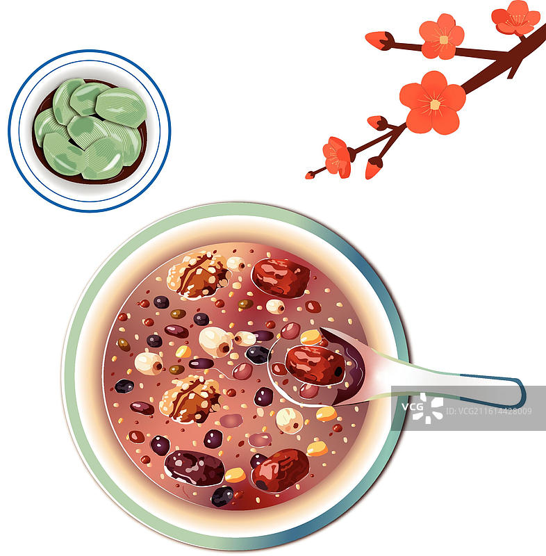 白色背景上绘制的腊八粥腊八蒜和梅花图片素材