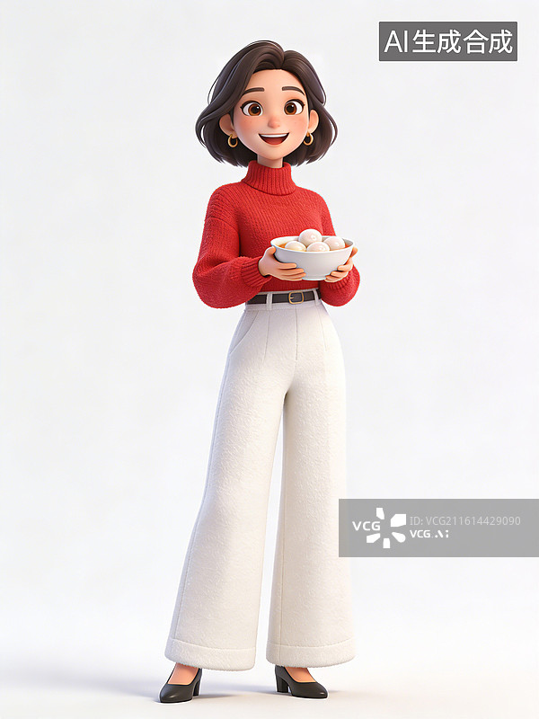 【AI数字艺术】一位年轻女性，面带微笑，双手端汤圆碗，穿着红色高领毛衣、白色宽腿裤和黑色高跟鞋，整体形象时尚优雅图片素材