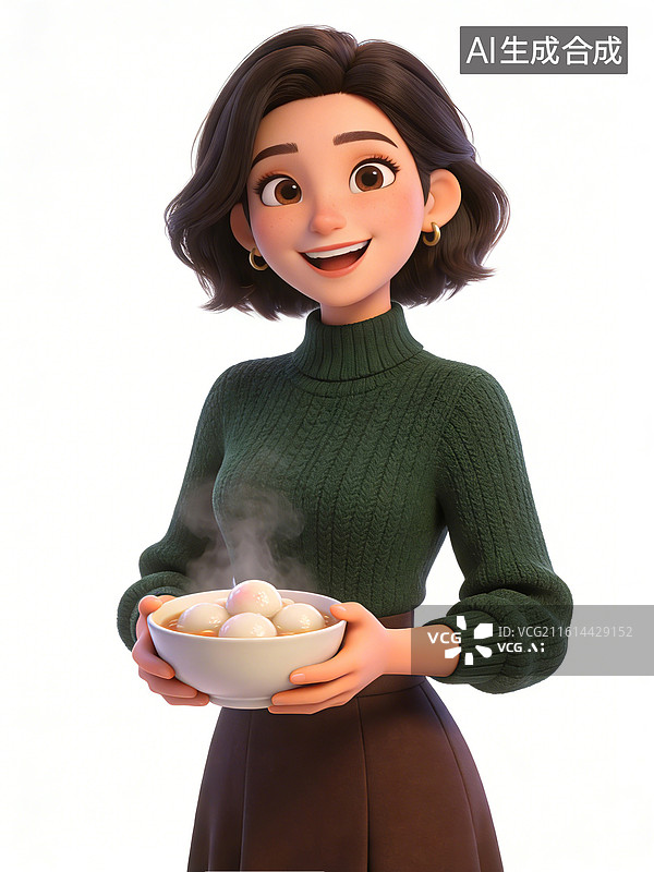 【AI数字艺术】年轻女性，面带微笑，双手捧汤圆碗，穿着绿色毛衣和棕色裙子，头发短卷，佩戴金色耳环，整体形象温暖亲切图片素材