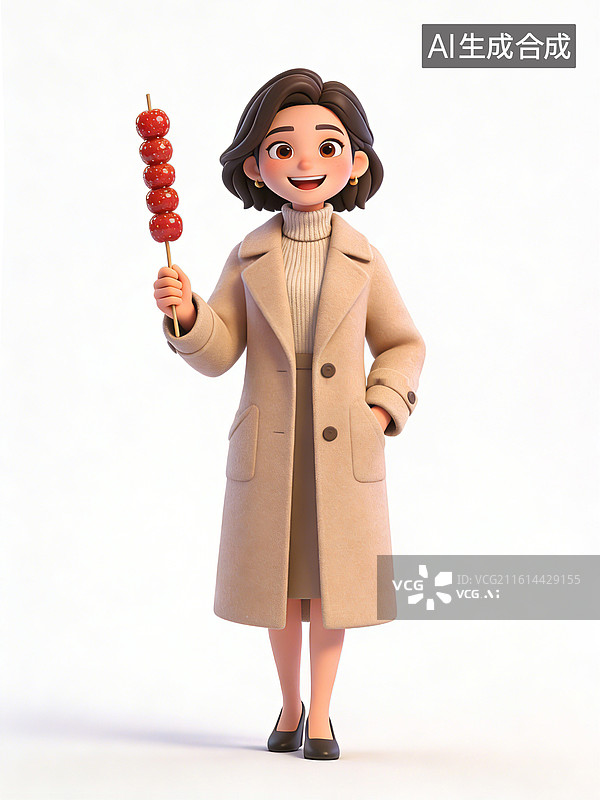 【AI数字艺术】年轻女性，面带微笑，手持糖葫芦，穿着米色大衣和高领毛衣，黑色平底鞋，整体造型时尚休闲图片素材