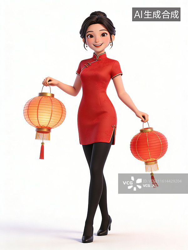 【AI数字艺术】年轻女性，面带微笑，手持灯笼，身穿红色旗袍黑色长袜高跟鞋，展现出优雅自信的姿态图片素材