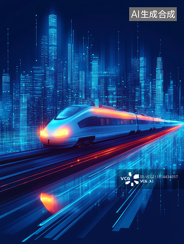 【AI数字艺术】未来科技感高铁列车穿梭城市天际线，城市发展概念图片素材