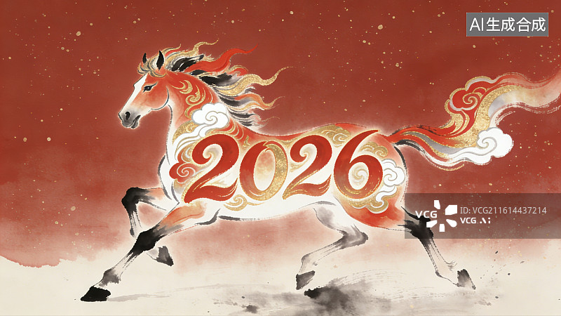 【AI数字艺术】古风意境写意水墨2026奔腾奔跑的祥云组成的骏马图片素材