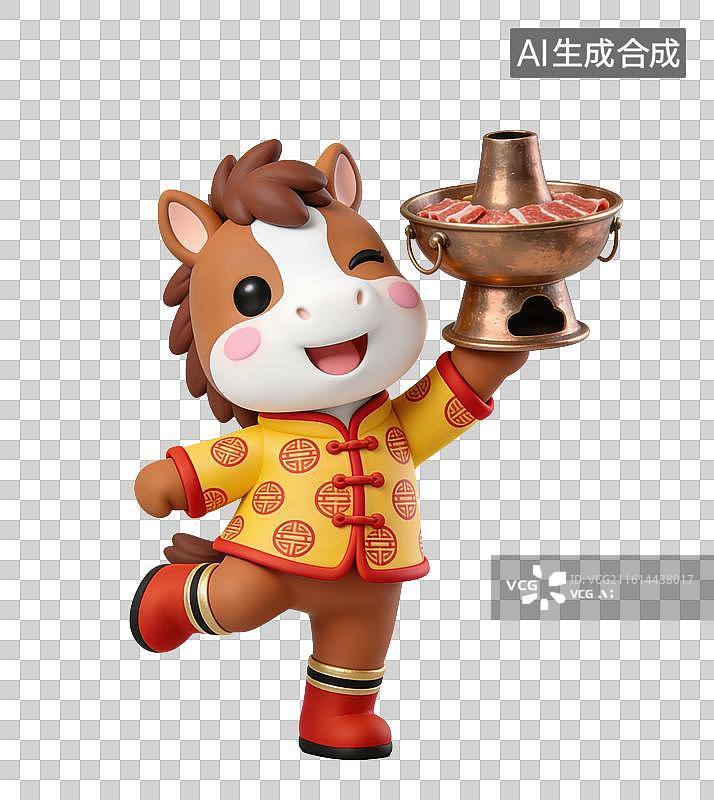 【AI数字艺术】3D立体马年春节拟人马玩偶穿着中式服装拿着涮羊肉铜锅图片素材