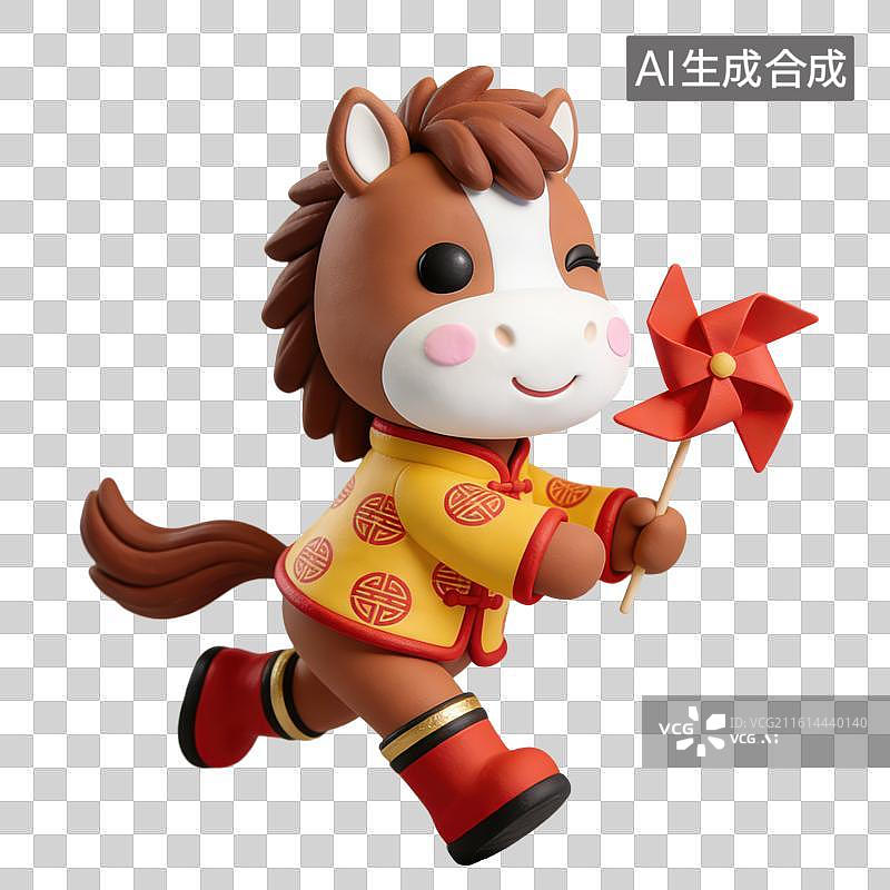 【AI数字艺术】3D粘土风马年春节拟人马玩偶穿着中式服装拿着风车元素图片素材