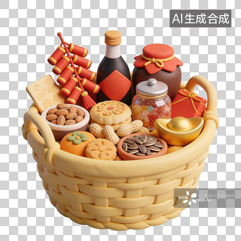 【AI数字艺术】3D粘土风竹编筐里的年货元素图片素材
