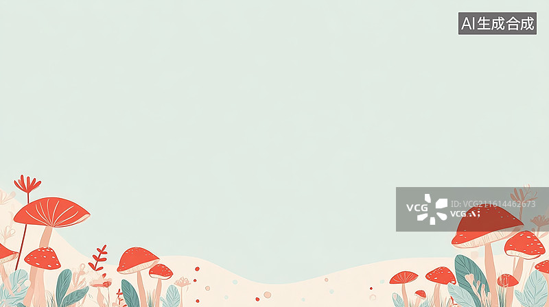 【AI数字艺术】卡通风格蘑菇与植物组成的梦幻自然背景图片素材