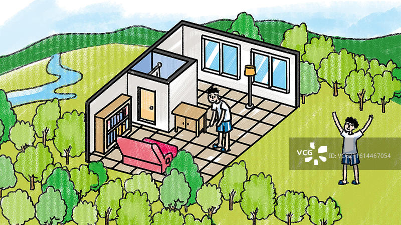 插画水彩颗粒肌理风树丛树林建筑房屋室内效果图图片素材