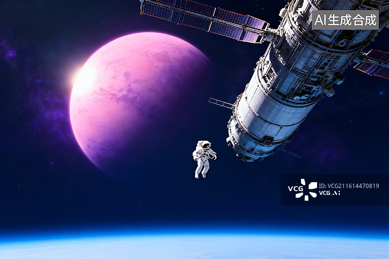 【AI数字艺术】宇航员太空行走空间站与紫色星球图片素材