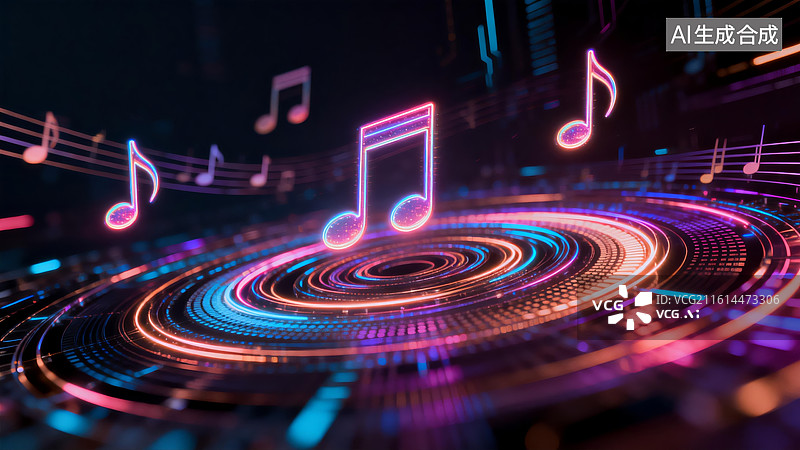 【AI数字艺术】霓虹音符环绕科技光圈图片素材