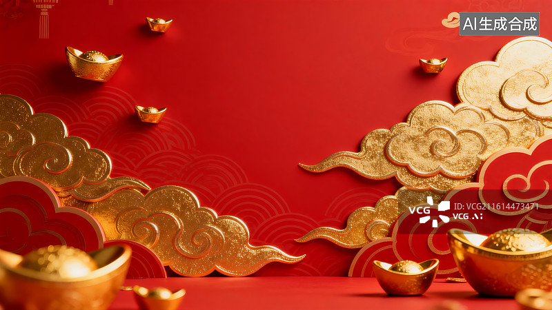 【AI数字艺术】红色背景上的金色元宝与祥云图片素材