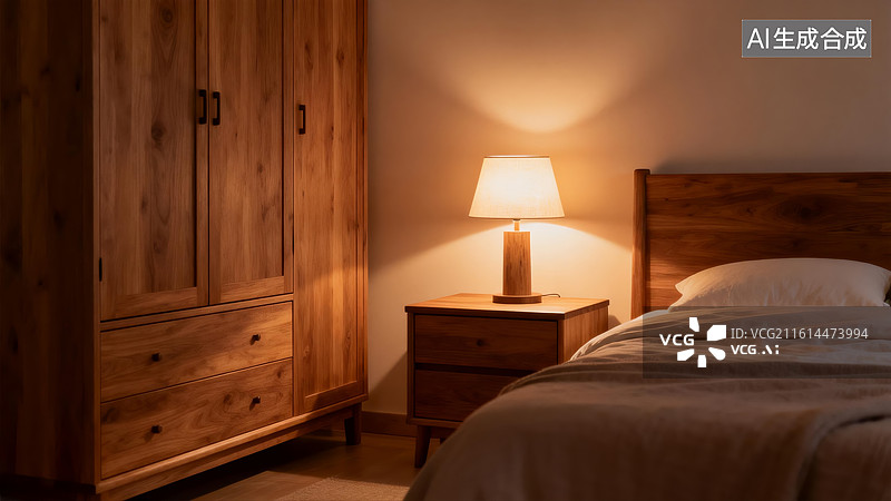 【AI数字艺术】温馨木质卧室夜景图片素材