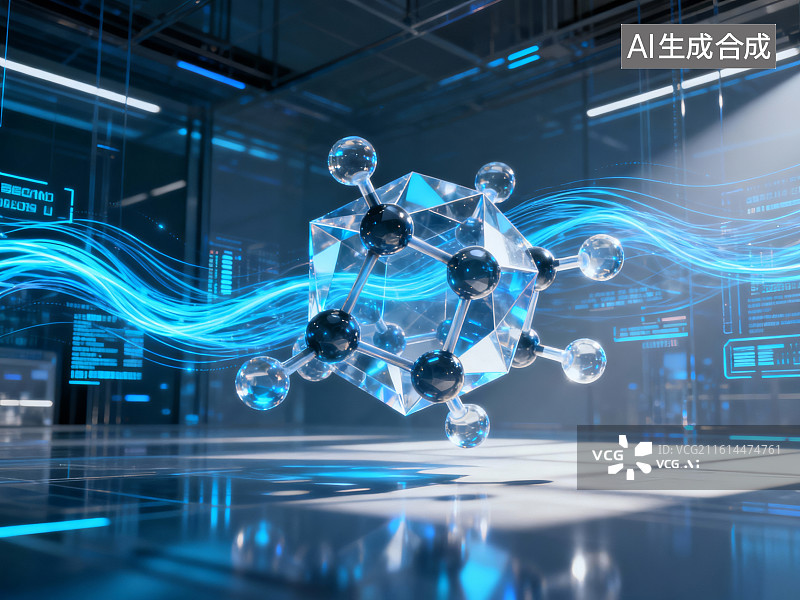 【AI数字艺术】科技实验室中的分子结构与数据流图片素材