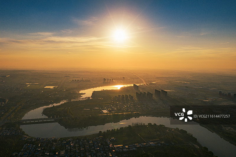 航拍禹州市颍河日出风光图片素材