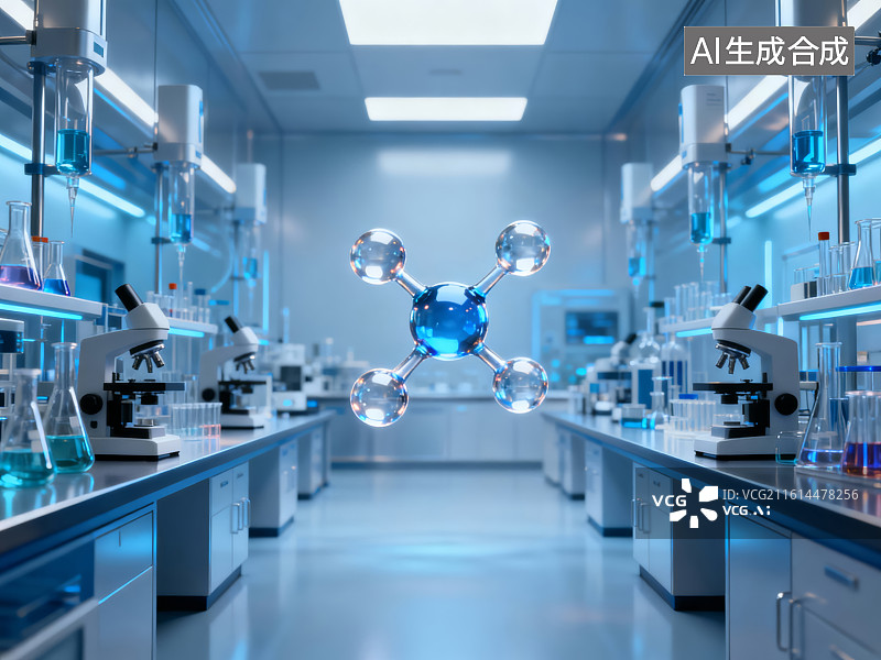 【AI数字艺术】未来感科学实验室与分子结构图片素材