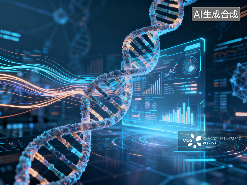 【AI数字艺术】DNA双螺旋与医疗数据分析图片素材