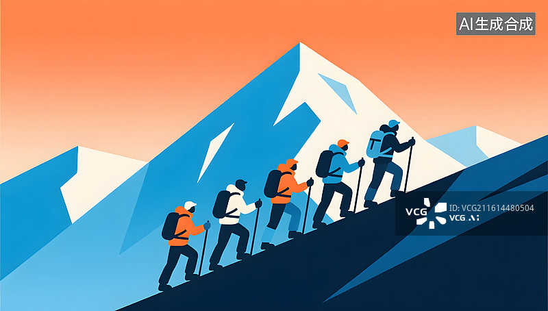 【AI数字艺术】商务登山团队在几何雪山努力攀爬图片素材