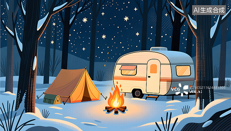 【AI数字艺术】冬夜森林露营车星空温暖场景图片素材