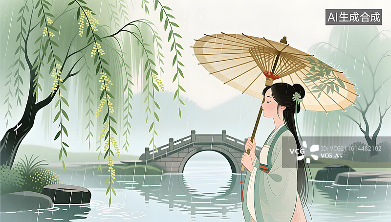 【AI数字艺术】谷雨春雨中小桥流水垂柳掩映油纸伞图片素材