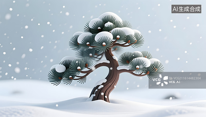 【AI数字艺术】大寒节气雪地里立体细腻的迎客松图片素材