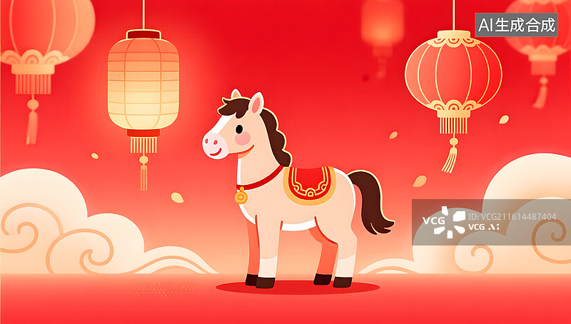 【AI数字艺术】马年节庆祥云灯笼背景下站立的温馨小马图片素材