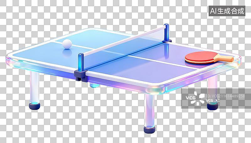 【AI数字艺术】AIGC：AIGC：3D乒乓球台，乒乓球运动，玻璃材质果冻风格 元素 免抠图图片素材