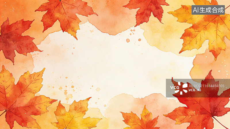 【AI数字艺术】秋季暖色调手绘装饰留白水彩枫叶边框背景图片素材
