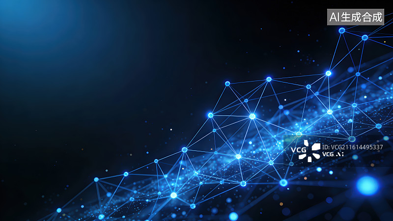 【AI数字艺术】蓝色科技网络节点连线未来科技数据可视化数字互联光效背景，高科技概念蓝色光效科技感背景图片素材