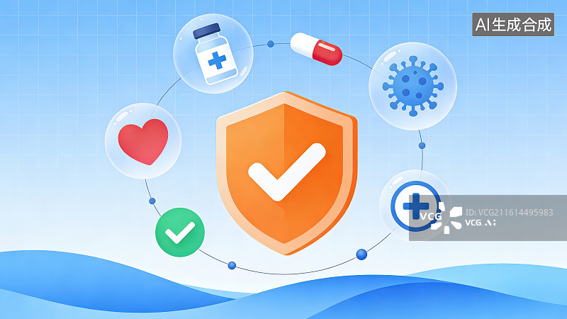【AI数字艺术】蓝色渐变背景下带有白色对钩的盾牌与胶囊病毒爱心等医药元素图标，医疗健康防护安全保障主题插画背景图片素材