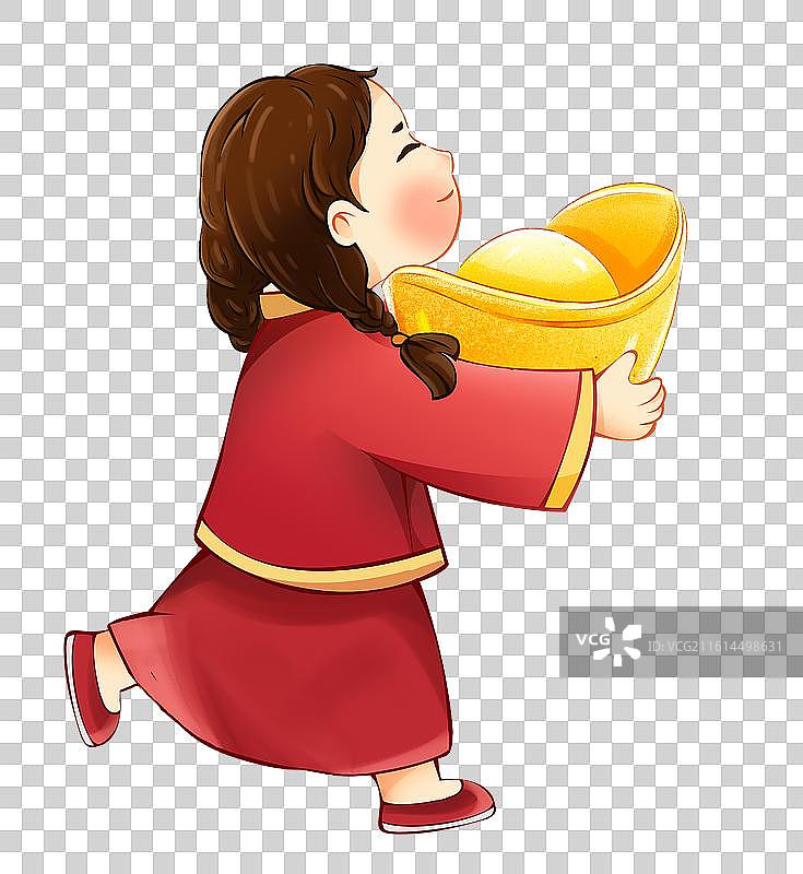 春节新年人物元素 抱着金元宝的女孩图片素材
